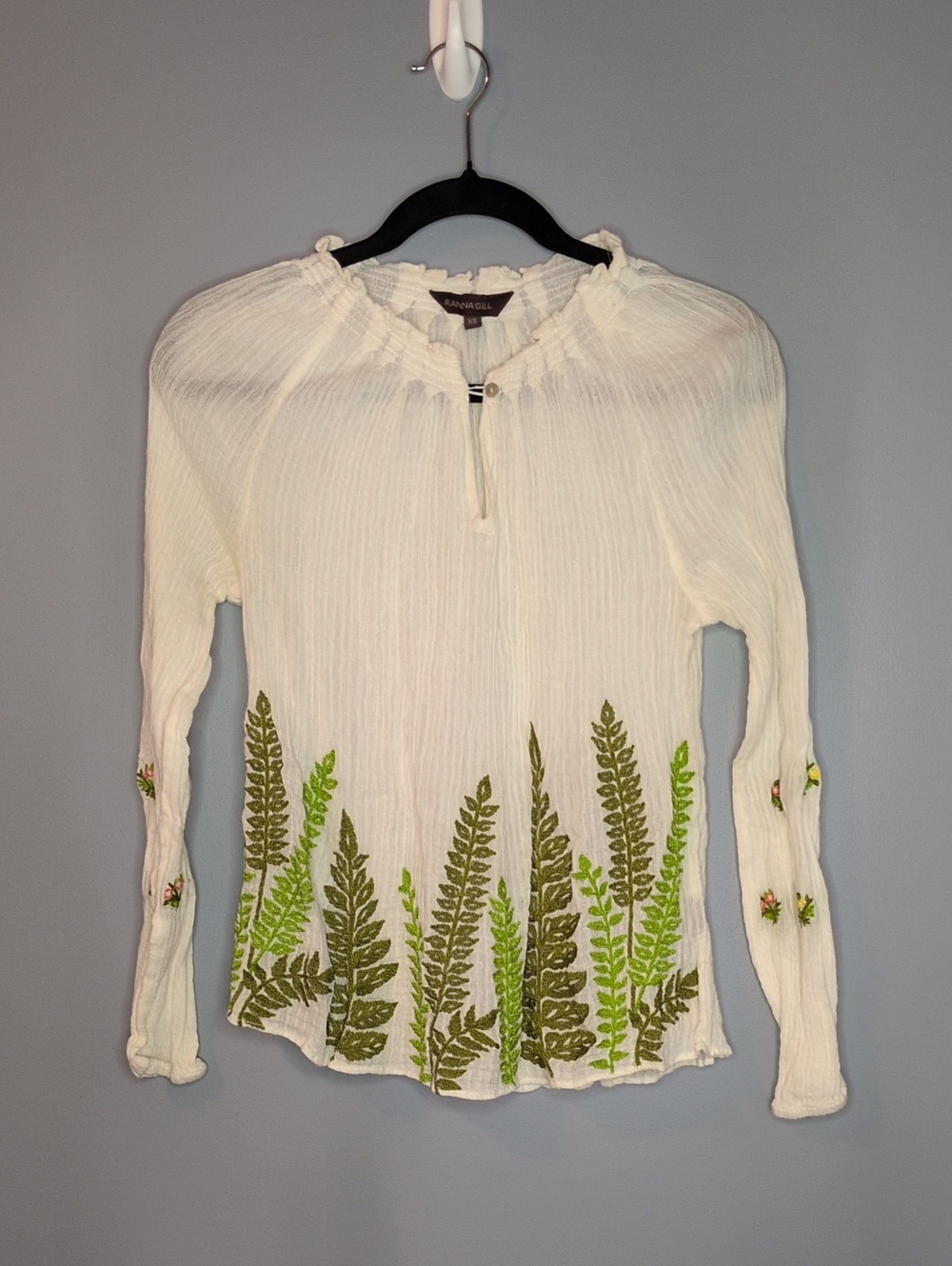Ranna Gill Casual White Fern-Print Long Sleeve Peasant Top Size XS Women's